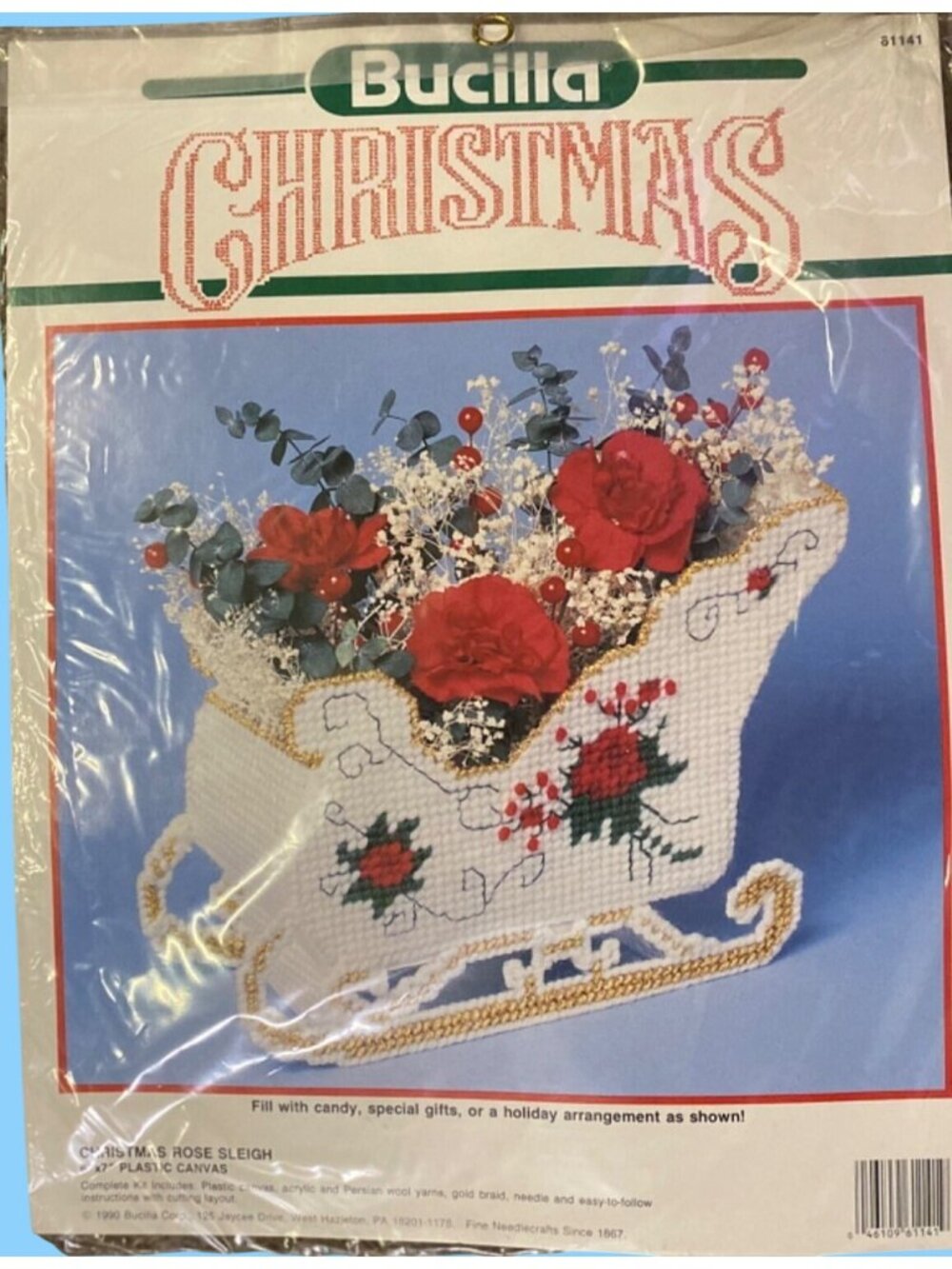 Vintage 1990 Bucilla Christmas Rose Sleigh Plastic Canvas Kit 61141 Complete